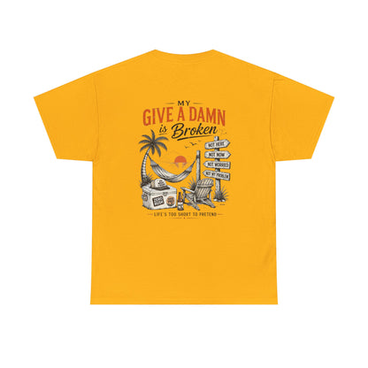 T-Shirt — “Too Old to Care” / “My Give a Damn is Broken” Vintage Beach Graphic Tee