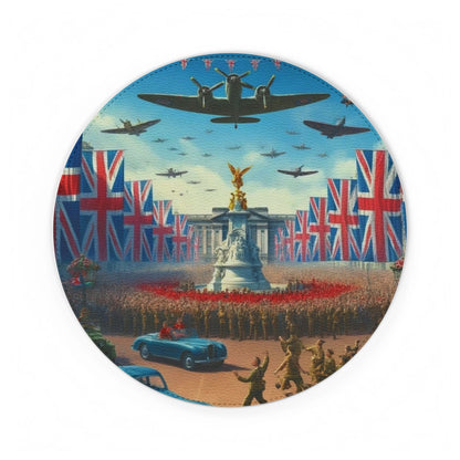 Vintage British Victory Parade Union Jack, Spitfires and Buckingham Palace PU Leather Mouse Mat