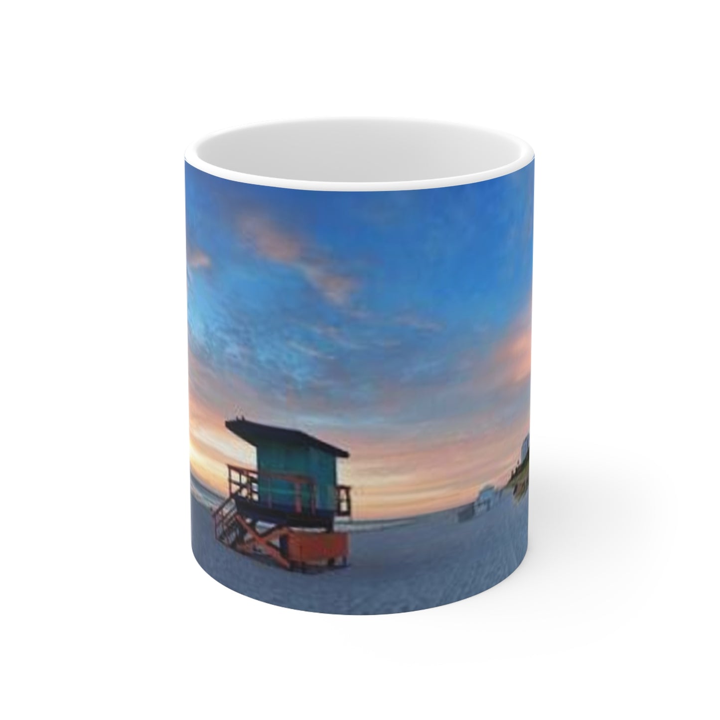 Sunset Beach Lifeguard Tower Ceramic Mug – Coastal Sunrise Coffee Cup (11oz/15oz)