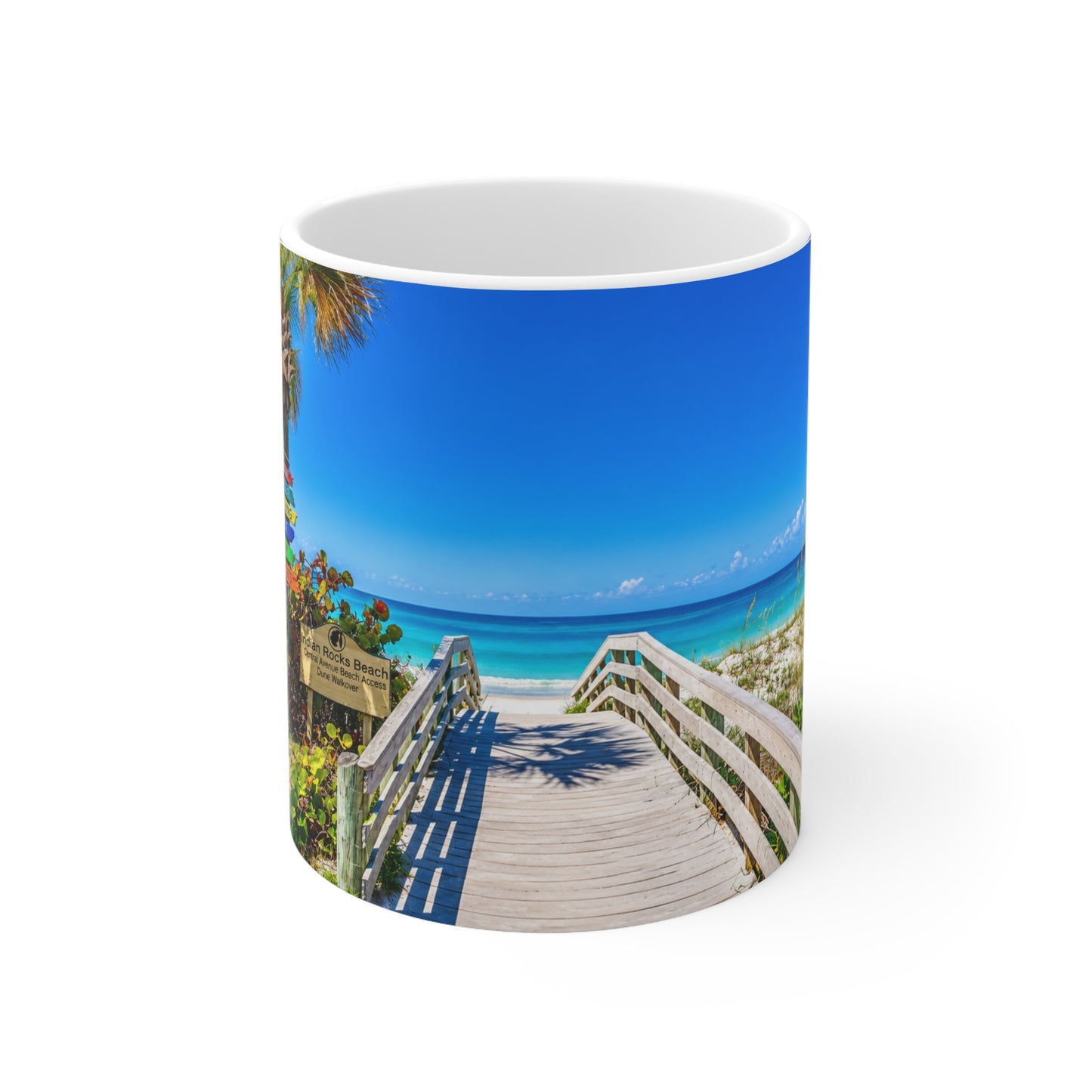 Indian Rocks Beach Boardwalk Coffee Mug — Tropical Palm Sunrise Ceramic Mug (11oz & 15oz)