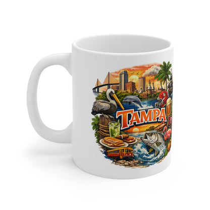 Tampa Cityscape Ceramic Coffee Mug — 11oz & 15oz Souvenir Mug with Skyline, Pelican & Tropical Icons