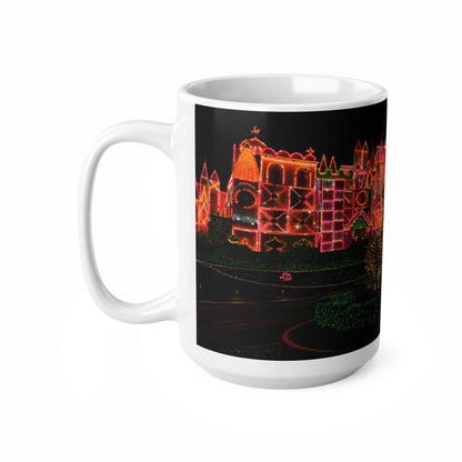 Disneyland It's a Small World Taken at night Ceramic Mug — Festive Neon Christmas Coffee Cup (11oz & 15oz)