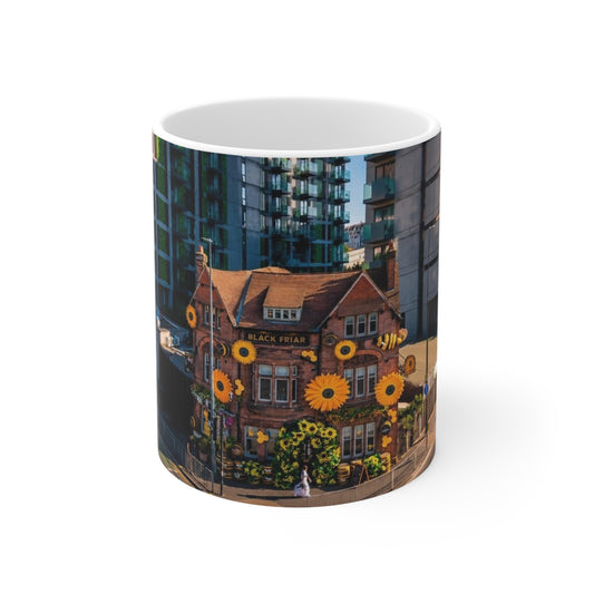 Black Friar Pub Manchester Sunflower Row House Ceramic Coffee Mug — 11oz & 15oz