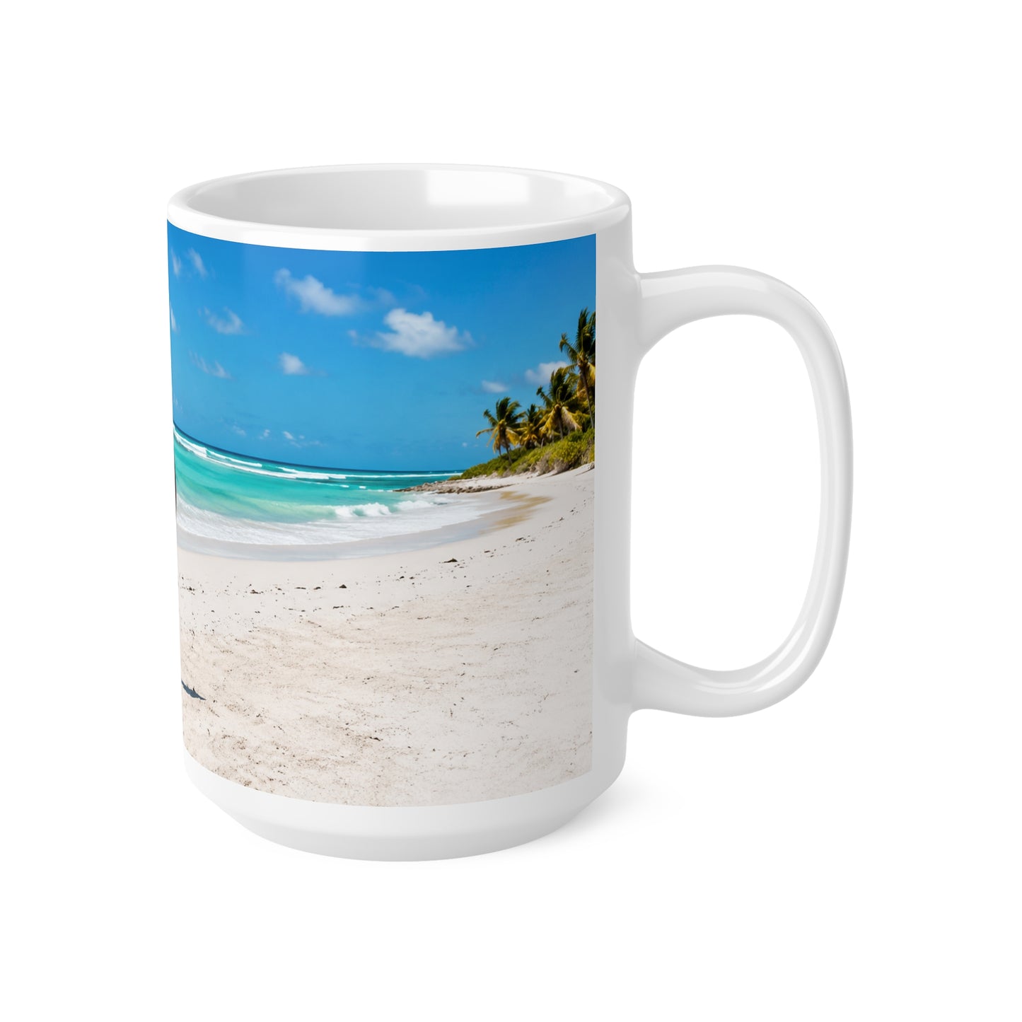 Barbados Beach Bus Stop Photo Mug — Tropical Ocean Scene Ceramic Coffee Cup (11oz & 15oz)