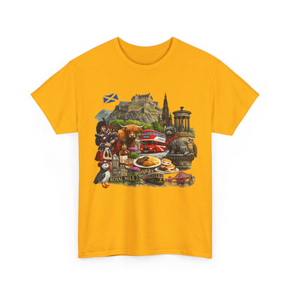 Scotland / Edinburgh Travel Collage T-Shirt — Edinburgh Castle, Bagpipes & Local Icons