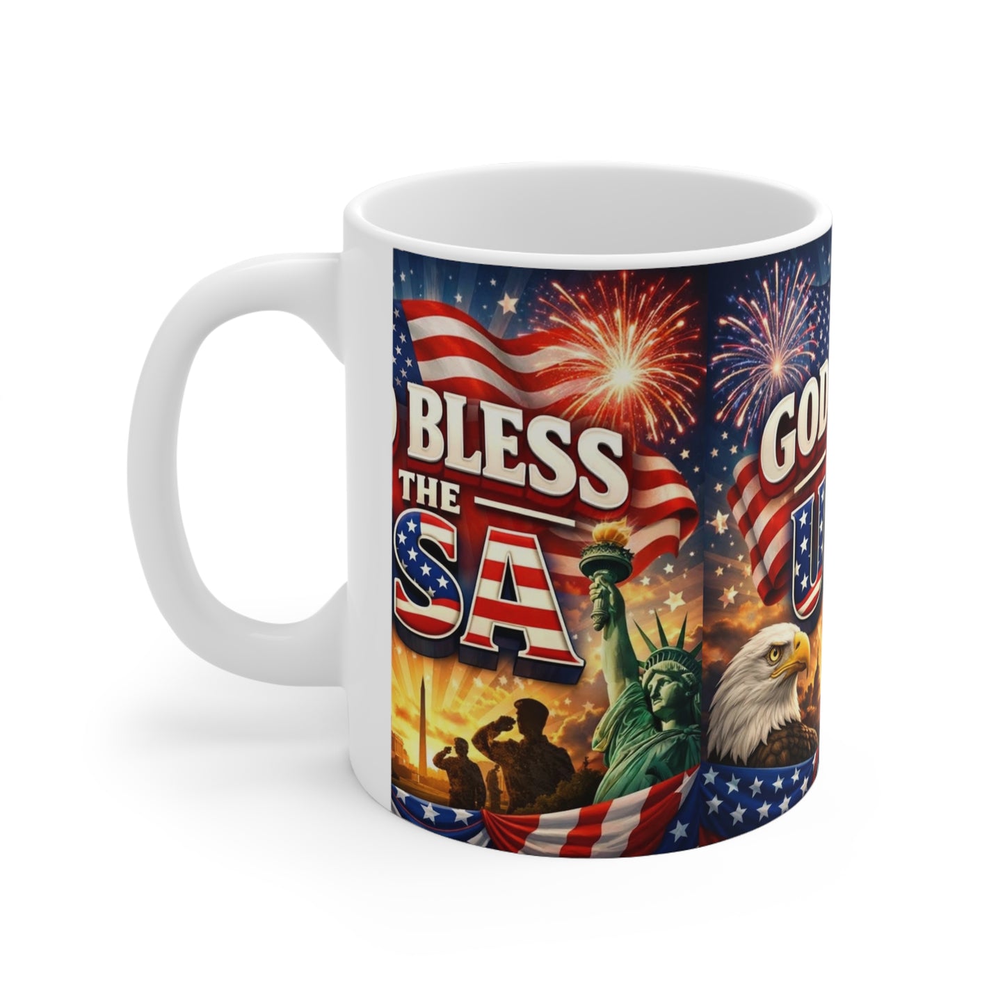 God Bless The USA Ceramic Coffee Mug — Patriotic 11oz/15oz Coffee Cup with Flag, Eagle & Fireworks