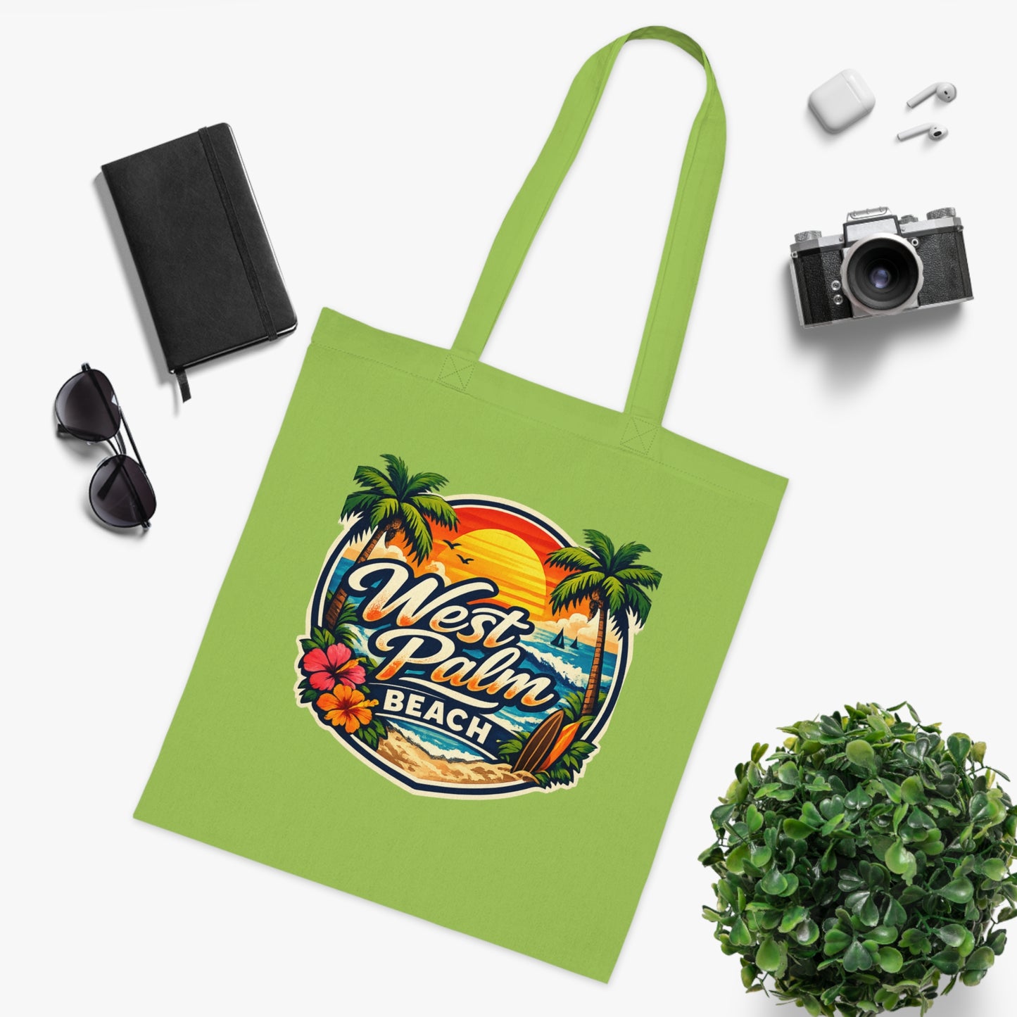 West Palm Beach Cotton Tote — Vintage Tropical Beach Palm Tree Design