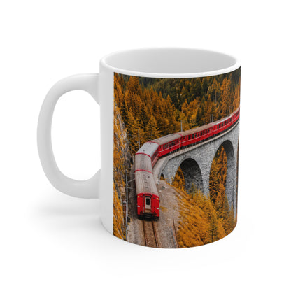Alpine Scenic Red Train Bridge Coffee Mug – Autumn Railway 11oz & 15oz