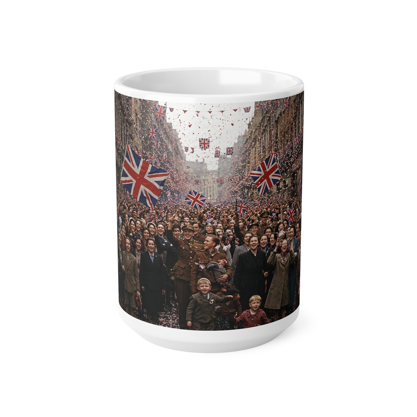 Union Jack Street Parade Mug — Vintage British Crowd Scene Ceramic Coffee Cup (11oz, 15oz)