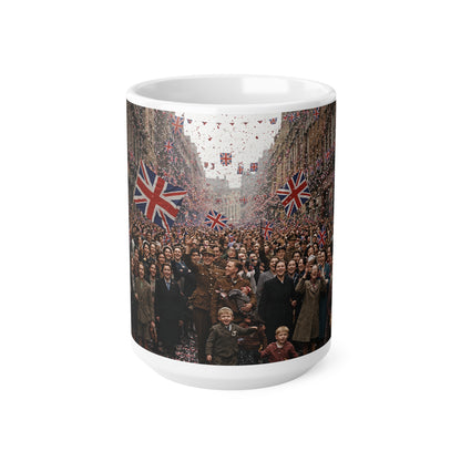 Union Jack Street Parade Mug — Vintage British Crowd Scene Ceramic Coffee Cup (11oz, 15oz)