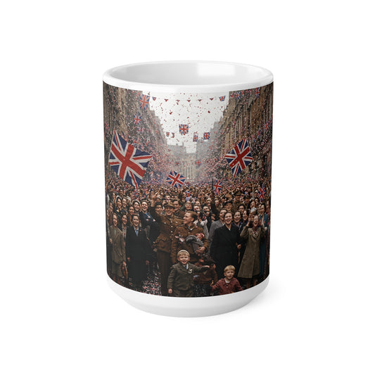 Union Jack Street Parade Mug — Vintage British Crowd Scene Ceramic Coffee Cup (11oz, 15oz)