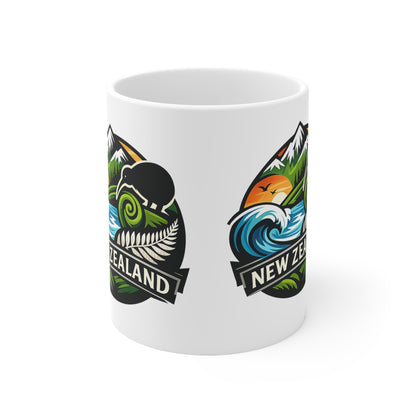 New Zealand Scenic Badge Ceramic Mug — Kiwi, Fern & Ocean Coffee Cup (11oz/15oz)