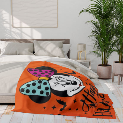 Halloween Minnie Mouse Fleece Blanket – "Happy Halloween" Orange Cozy Throw