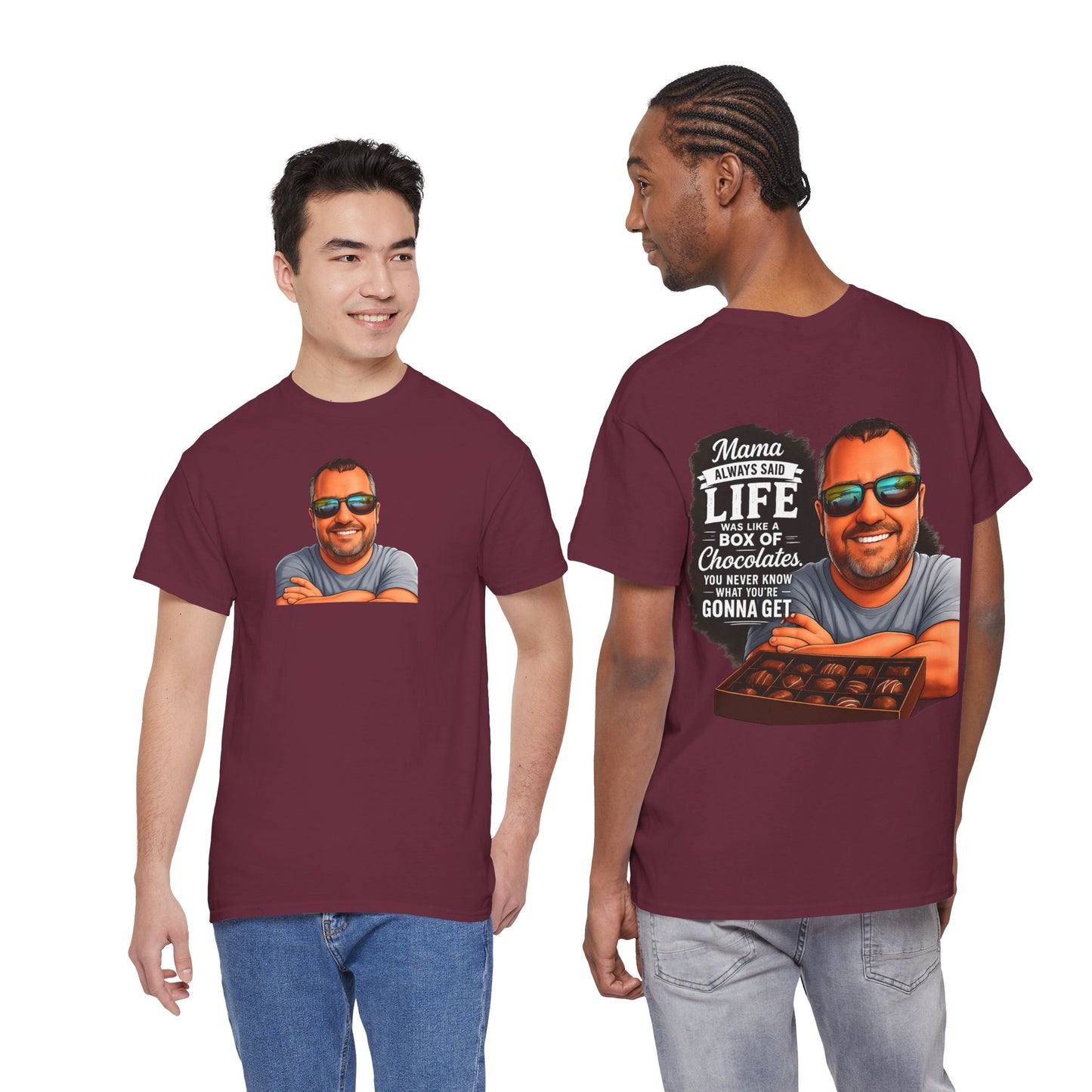 T-Shirt — "Mama Always Said Life Is Like A Box Of Chocolates" Graphic Tee (Funny Retro Portrait)