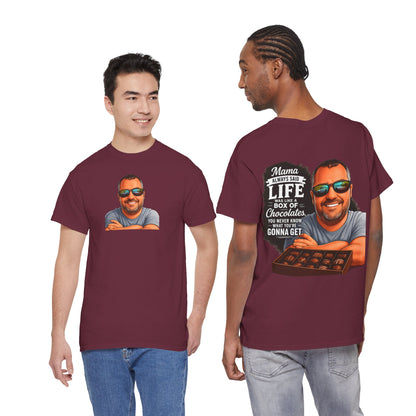 T-Shirt — "Mama Always Said Life Is Like A Box Of Chocolates" Graphic Tee (Funny Retro Portrait)