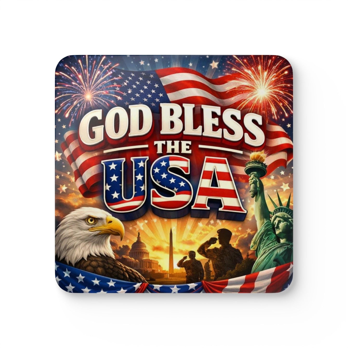 God Bless the USA Corkwood Coaster Set – Patriotic American Flag Eagle Statue of Liberty Design