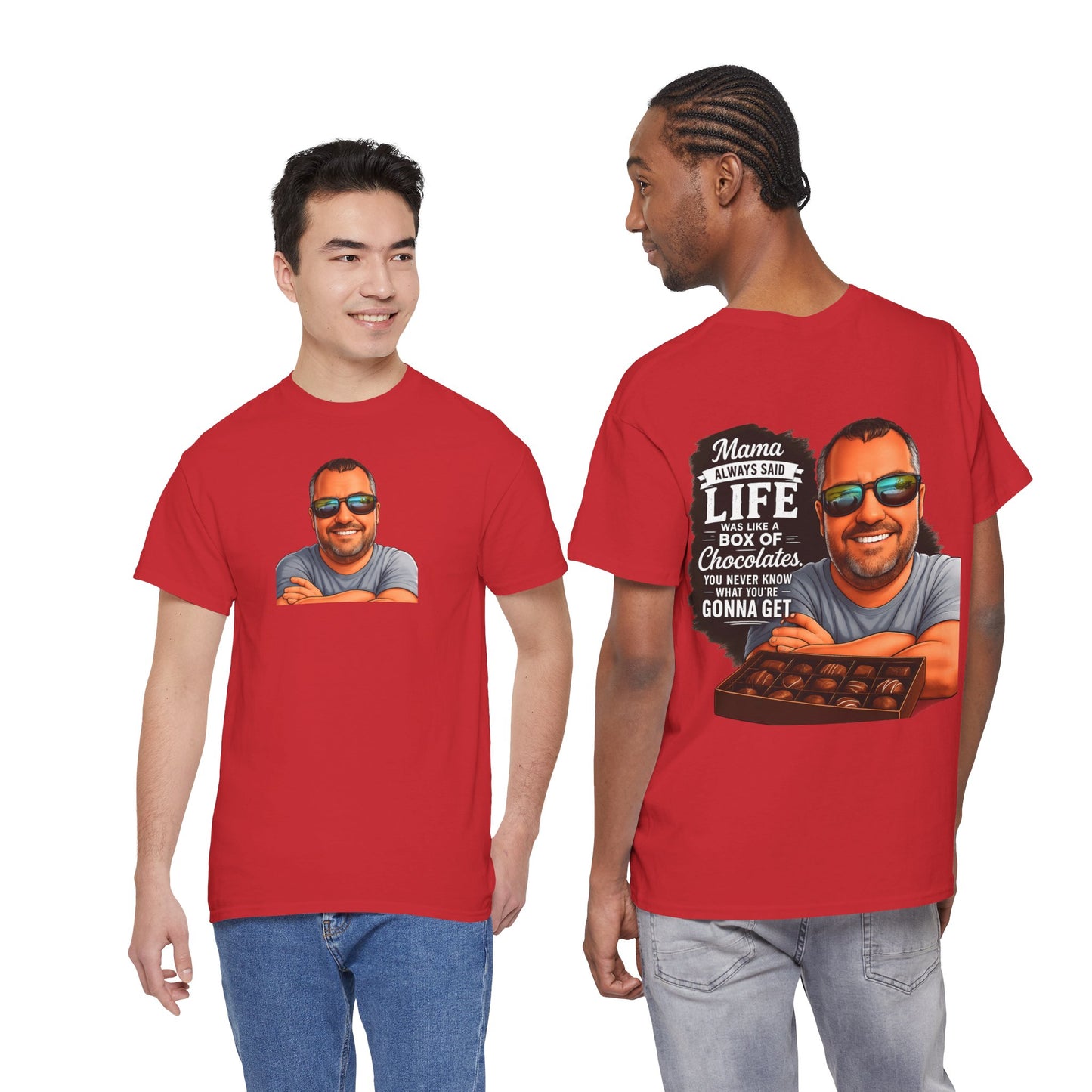 T-Shirt — "Mama Always Said Life Is Like A Box Of Chocolates" Graphic Tee (Funny Retro Portrait)