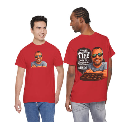 T-Shirt — "Mama Always Said Life Is Like A Box Of Chocolates" Graphic Tee (Funny Retro Portrait)
