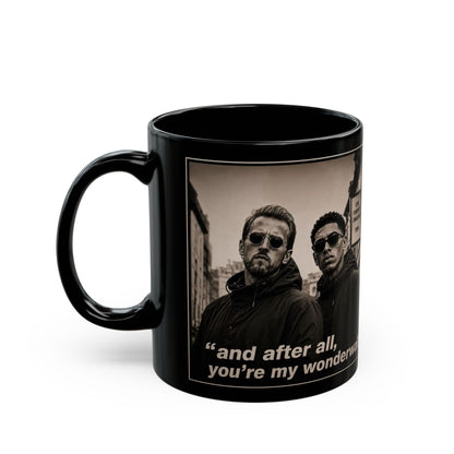 Kane and Bellingham Lyric Photo Black Mug — “and after all, you’re my wonderwall” Band Tribute Coffee Cup