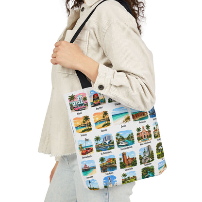 Florida City Landmark Collage Canvas Tote Bag — Vintage Travel Icons Print