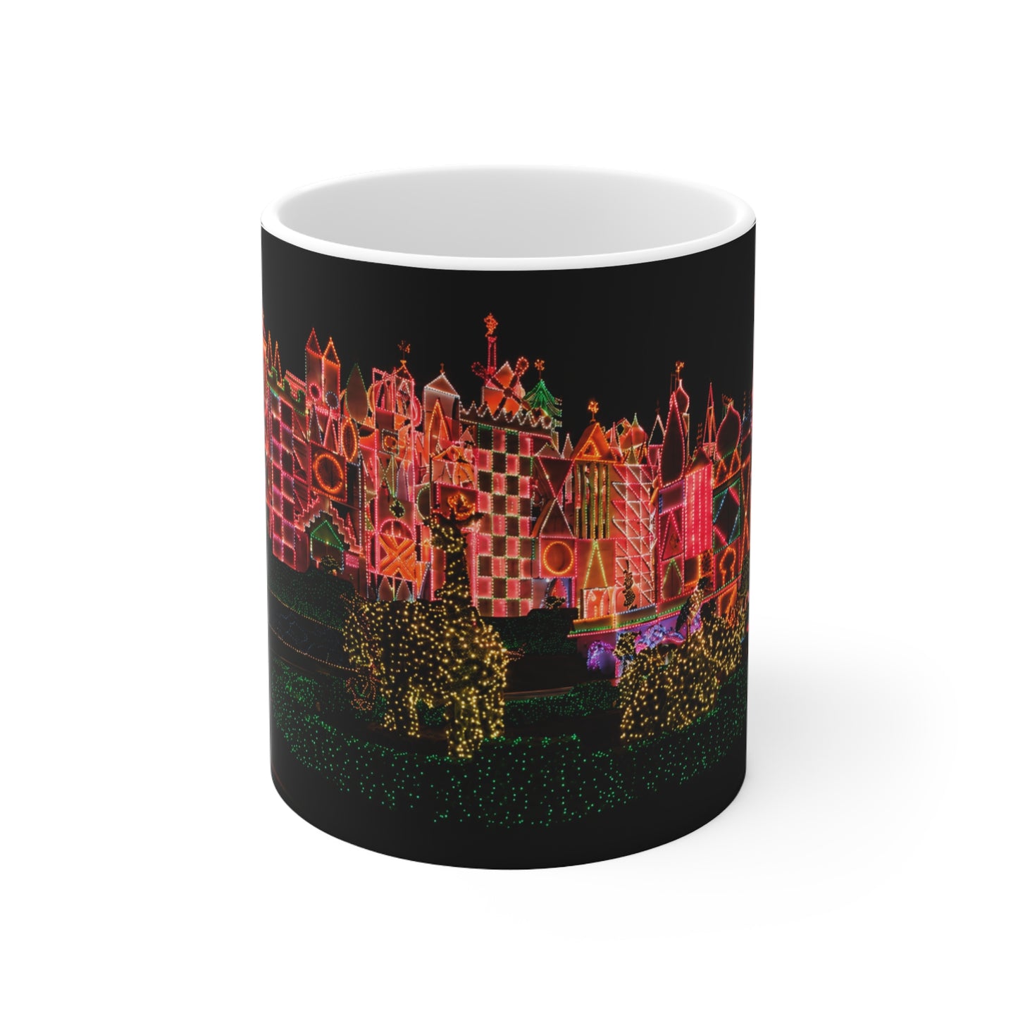 Disneyland It's a Small World Taken at night Ceramic Mug — Festive Neon Christmas Coffee Cup (11oz & 15oz)