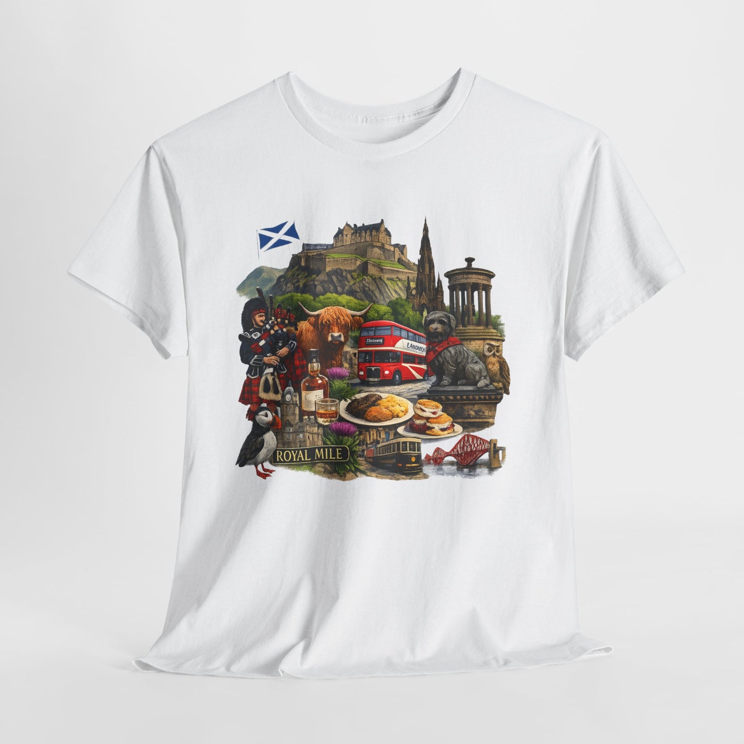 Scotland / Edinburgh Travel Collage T-Shirt — Edinburgh Castle, Bagpipes & Local Icons