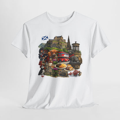 Scotland / Edinburgh Travel Collage T-Shirt — Edinburgh Castle, Bagpipes & Local Icons