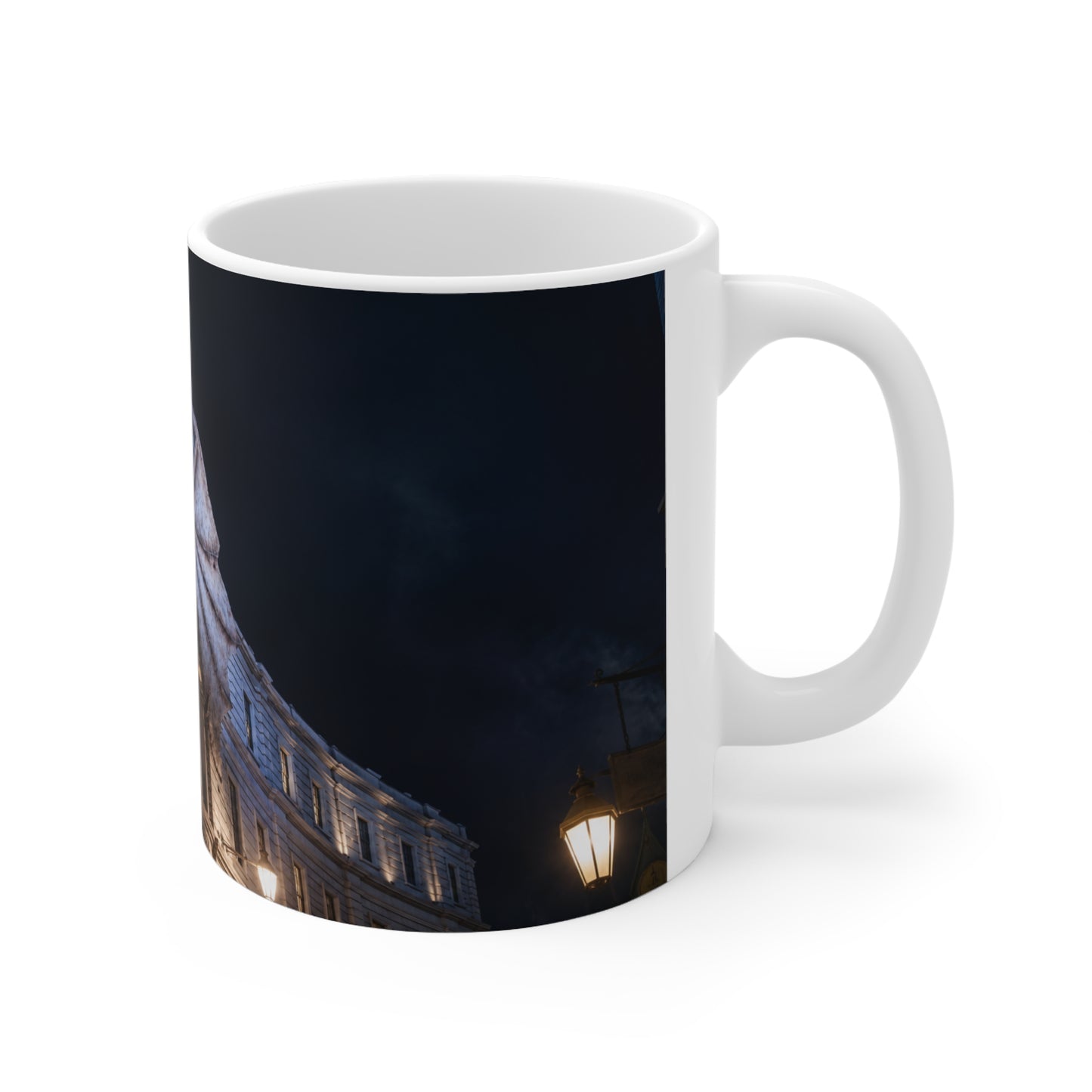 Dragon Perched on Rooftop Ceramic Coffee Mug — Gothic Night Fantasy 11oz/15oz