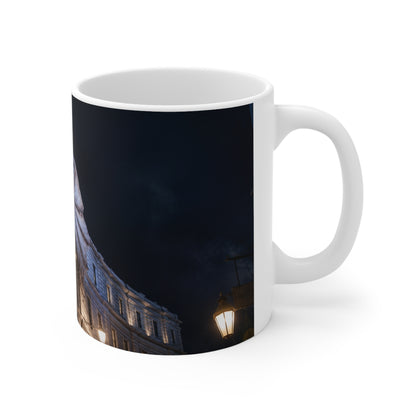 Dragon Perched on Rooftop Ceramic Coffee Mug — Gothic Night Fantasy 11oz/15oz
