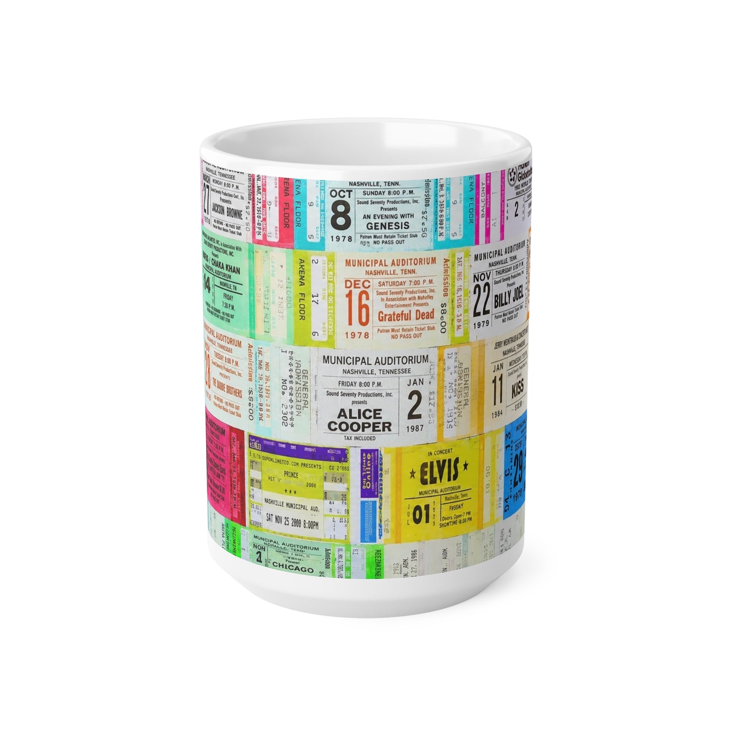 Vintage Concert Ticket Collage Mug — Retro Music Memorabilia Ceramic Coffee Cup