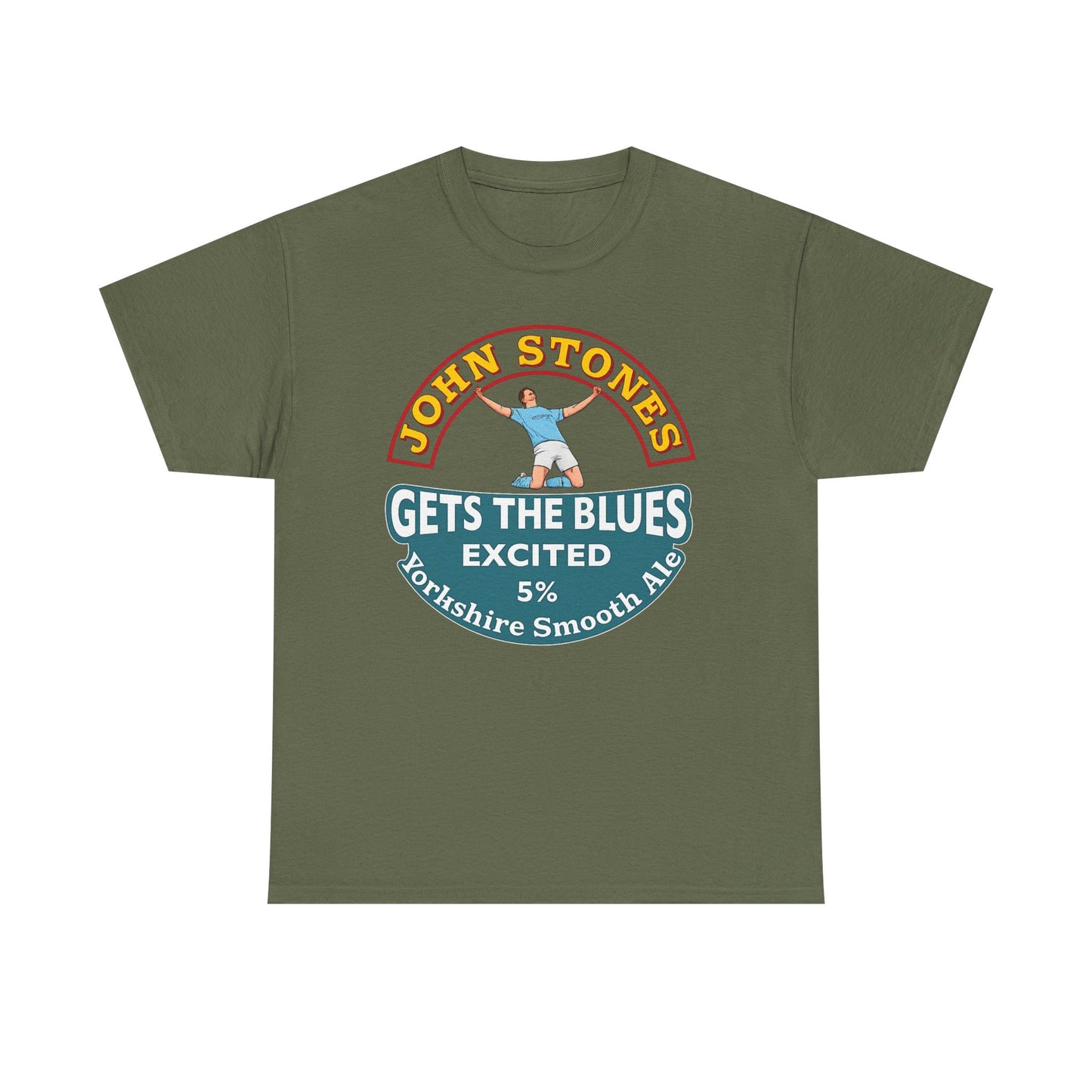 John Stones T-Shirt — "Gets The Blues Excited" Retro Ale Parody Tee