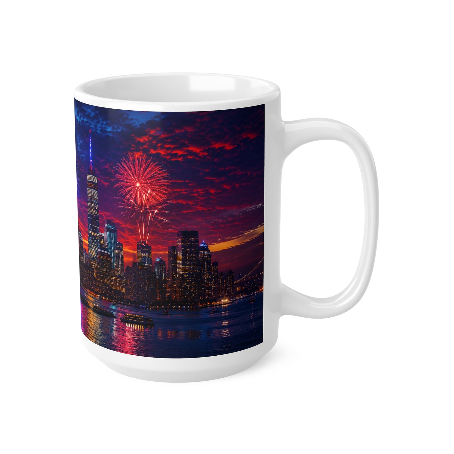 New York City Fireworks Skyline Ceramic Mug — Statue of Liberty 4th of July Coffee Cup (11oz & 15oz)