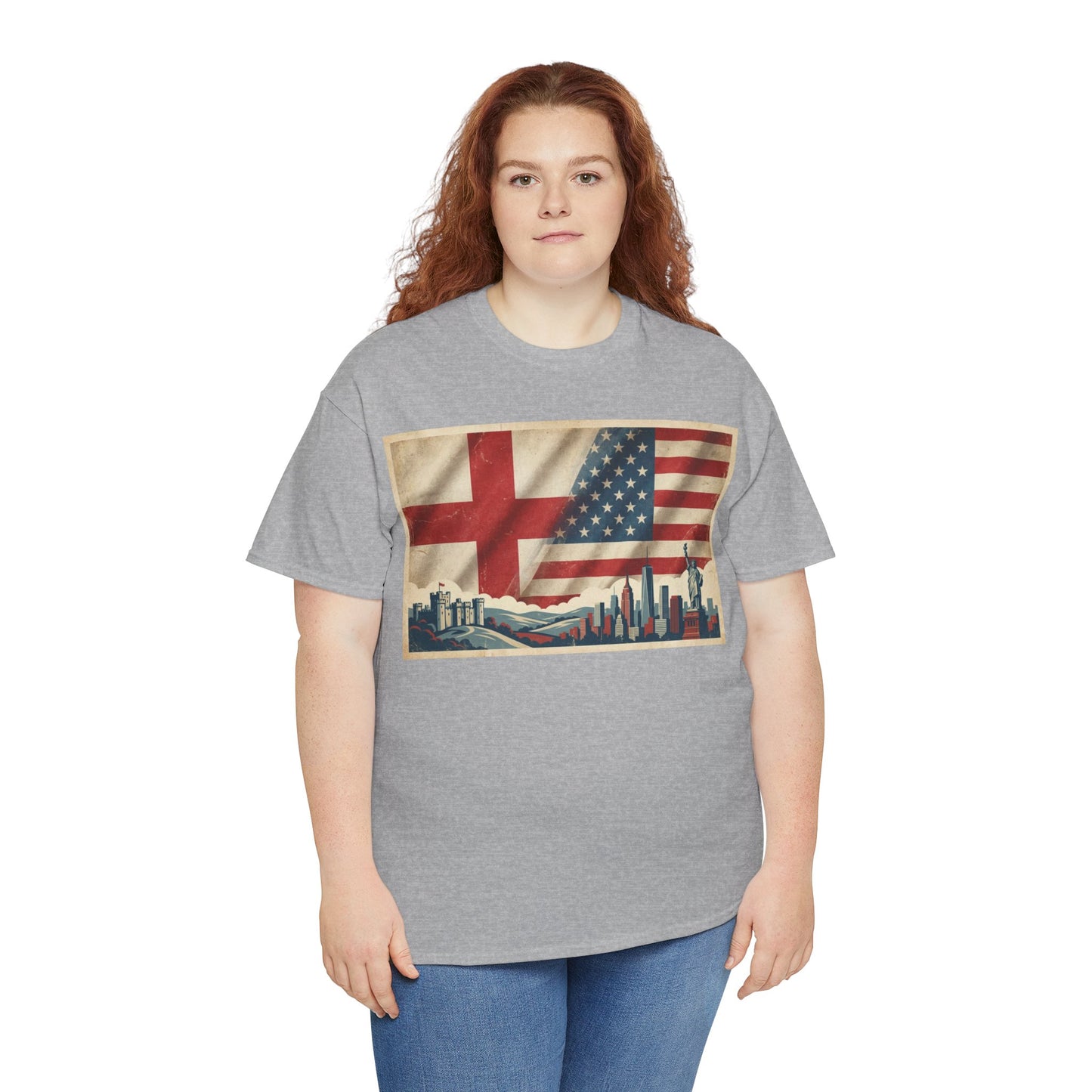 England + USA Flag Skyline T-Shirt — Vintage London & New York City Pride Tee