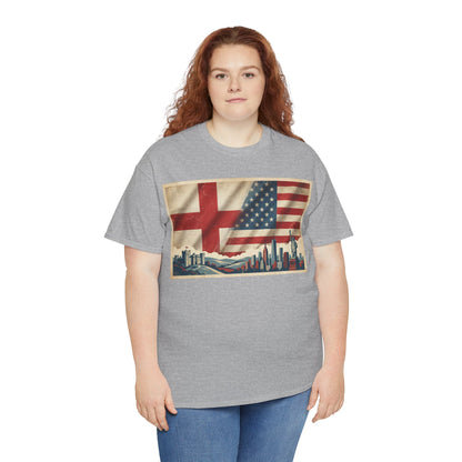 England + USA Flag Skyline T-Shirt — Vintage London & New York City Pride Tee