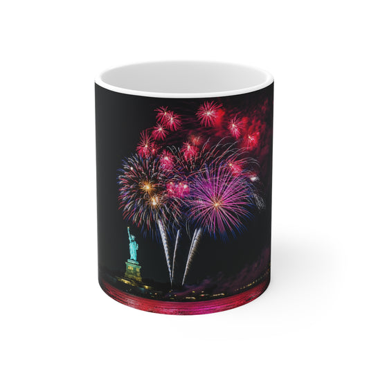 Statue of Liberty Fireworks Mug — Patriotic New York City Coffee Cup (11oz & 15oz)