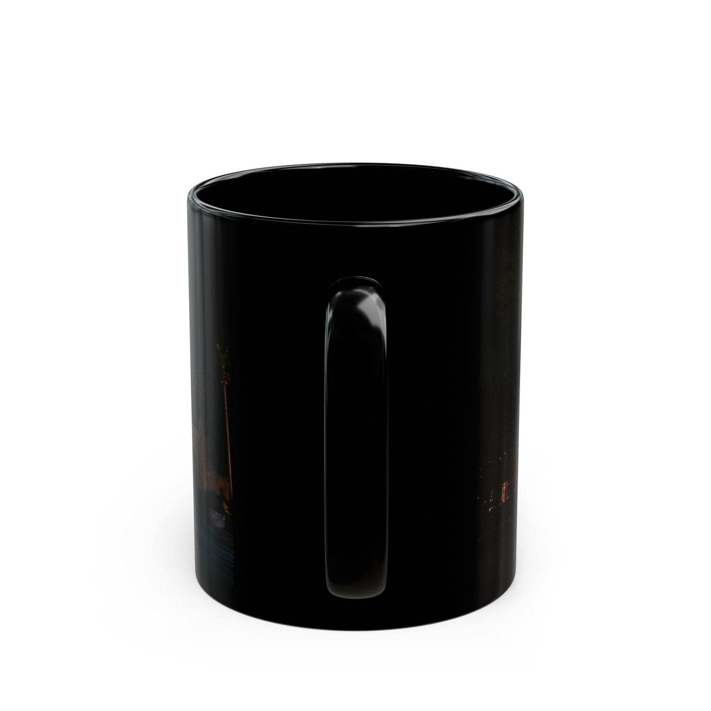 Universal HHN Black Ceramic Mug — Nighttime Theme Park Arch Photo (11oz & 15oz)