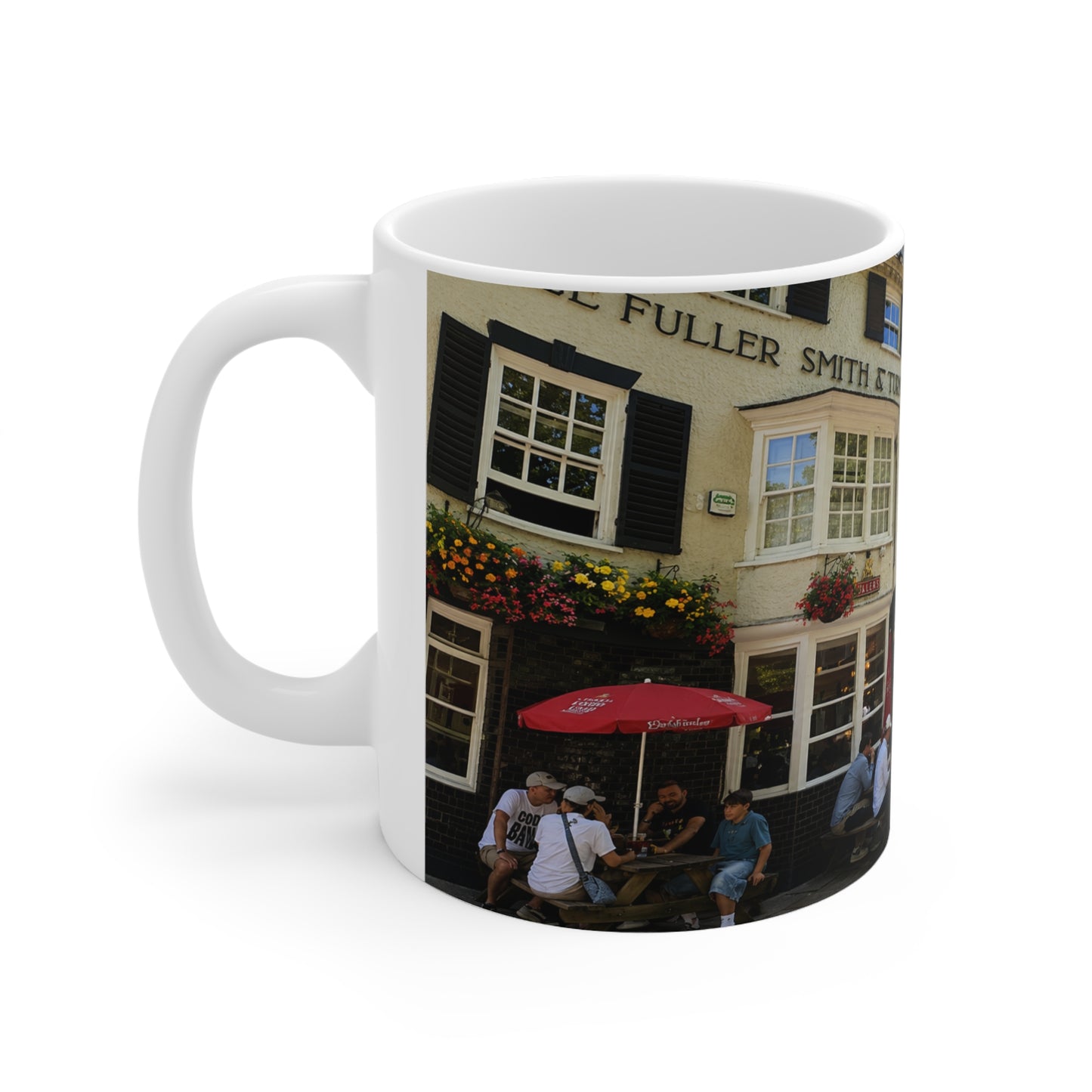 Richmond Ted Lasso Vintage English Pub Street Scene Mug – Café Outdoor Seating Photo Ceramic Coffee Cup (11oz & 15oz)