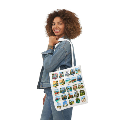 Florida City Landmark Collage Canvas Tote Bag — Vintage Travel Icons Print