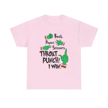 Funny Holiday Tee — "Rock. Paper. Scissors. Throat Punch! I Win" Graphic T-Shirt