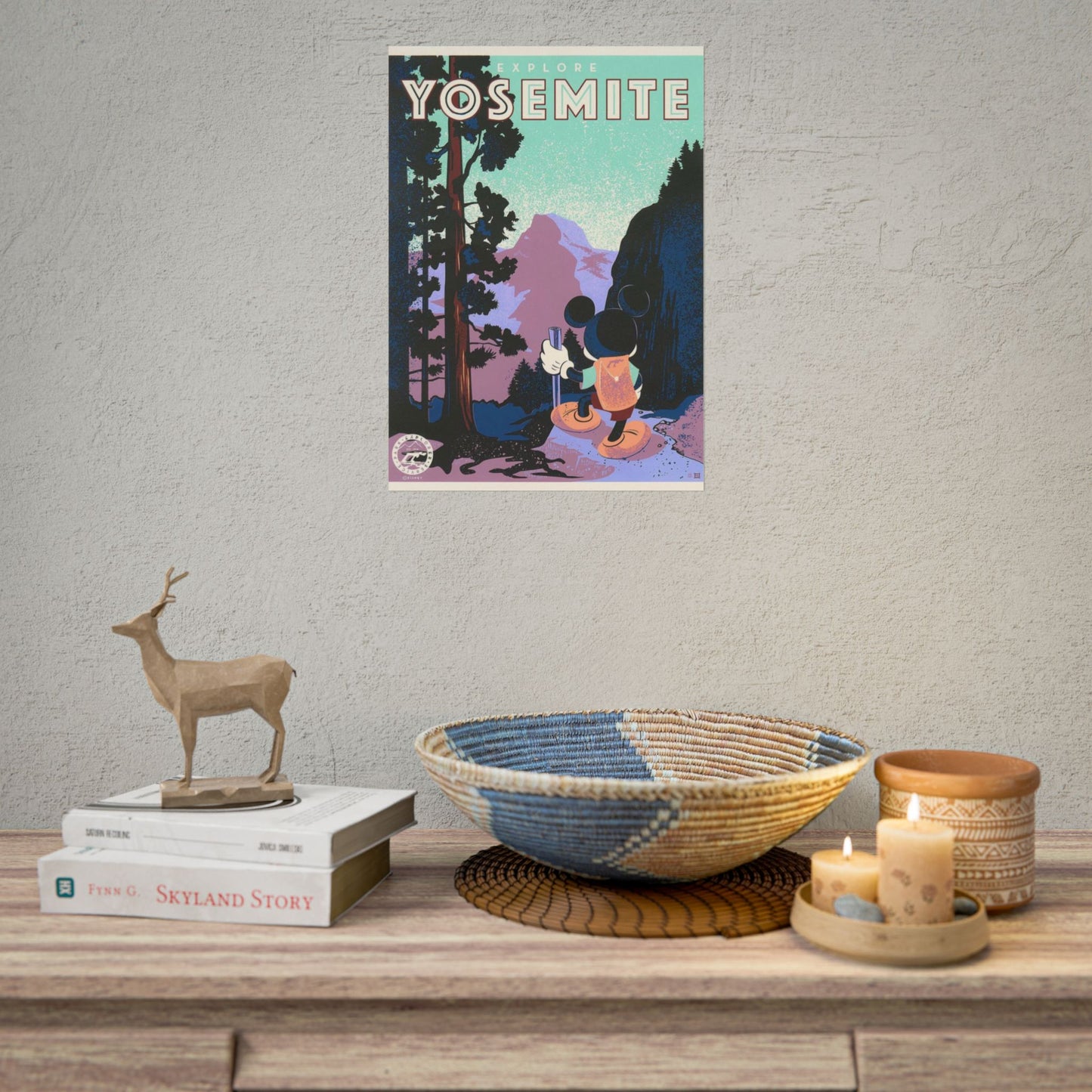 Yosemite Vintage Travel Poster — Mickey Mouse Hiking Rolled Poster