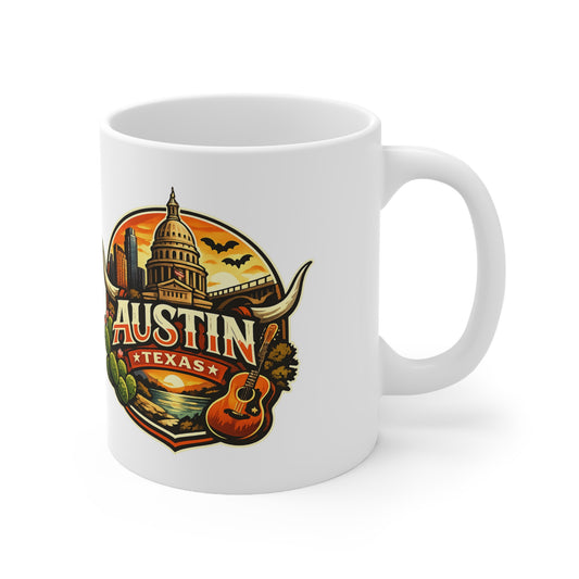 Austin Texas Coffee Mug — Vintage Capitol & Guitar Ceramic Mug (11oz/15oz)