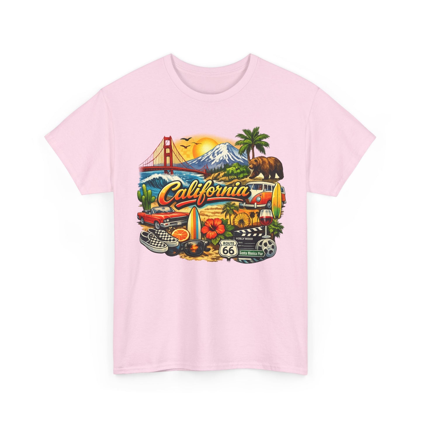 California Vintage Travel T-Shirt — Golden Gate, Palm Trees & Route 66 Tee