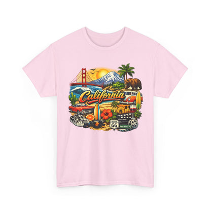 California Vintage Travel T-Shirt — Golden Gate, Palm Trees & Route 66 Tee