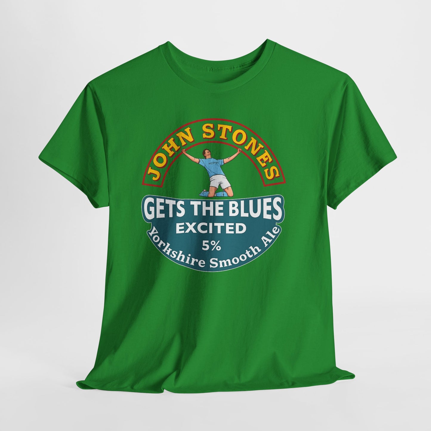 John Stones T-Shirt — "Gets The Blues Excited" Retro Ale Parody Tee