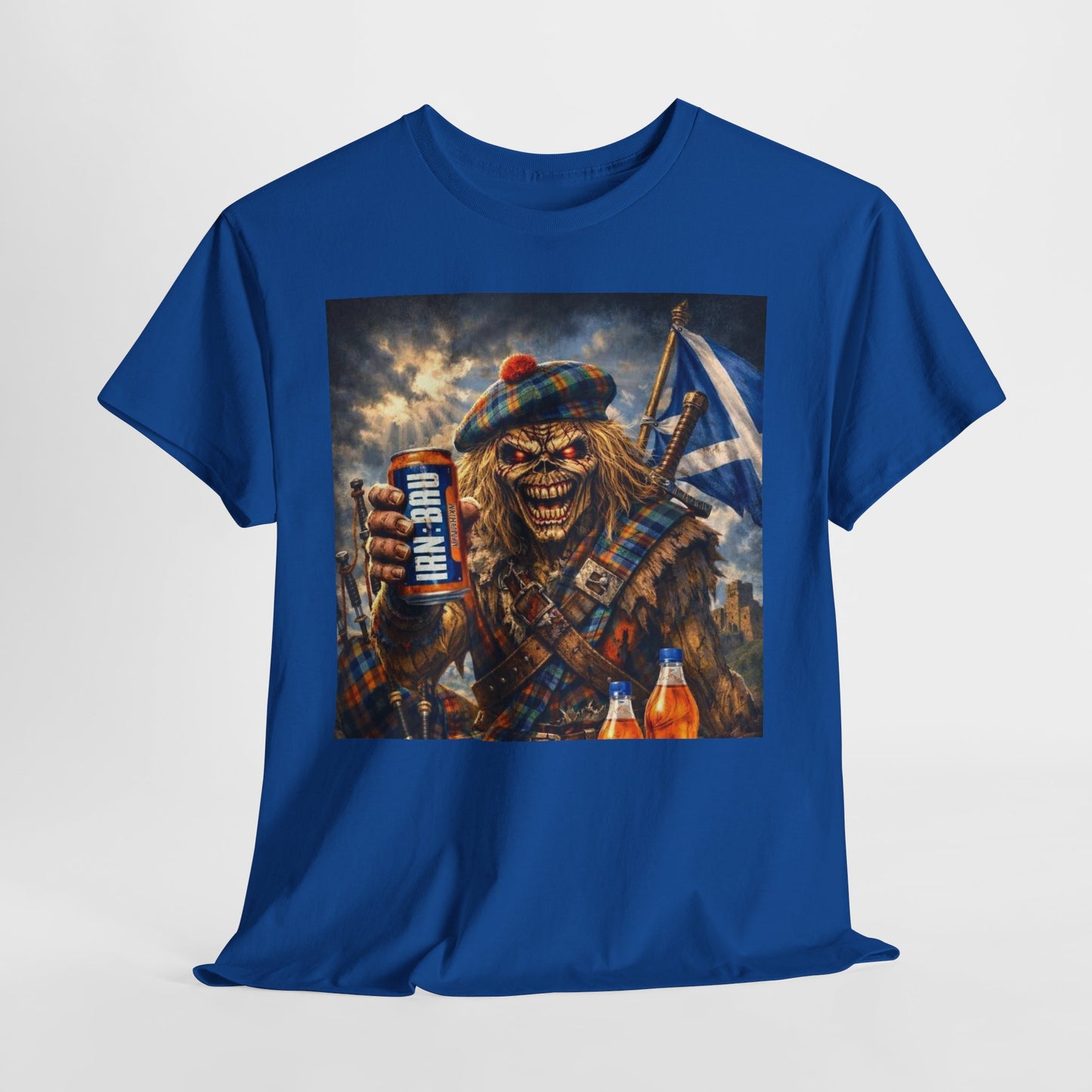 Scottish Rock Skull T‑Shirt — Eddie the Piper with Flag & Can Graphic Tee