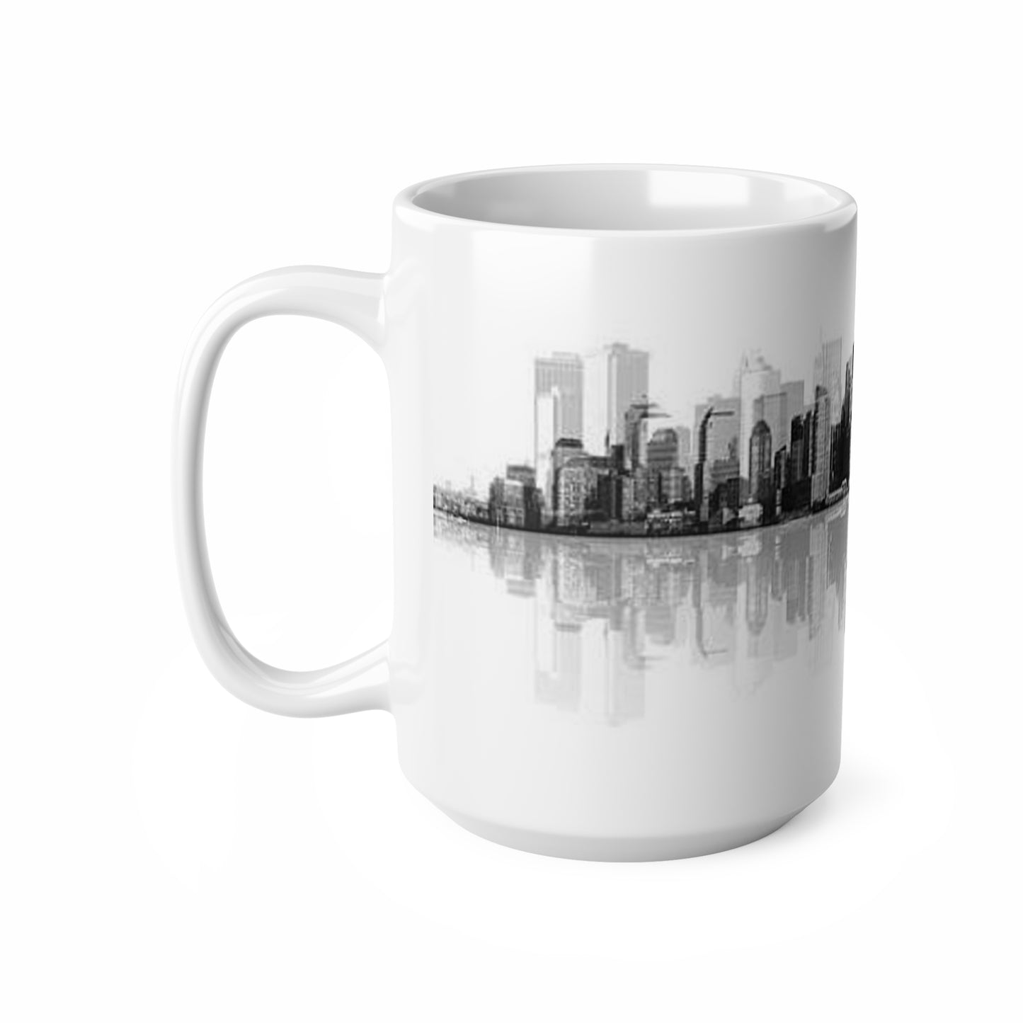 City Skyline Coffee Mug — Black & White Reflective New York Skyline, 11oz/15oz Ceramic