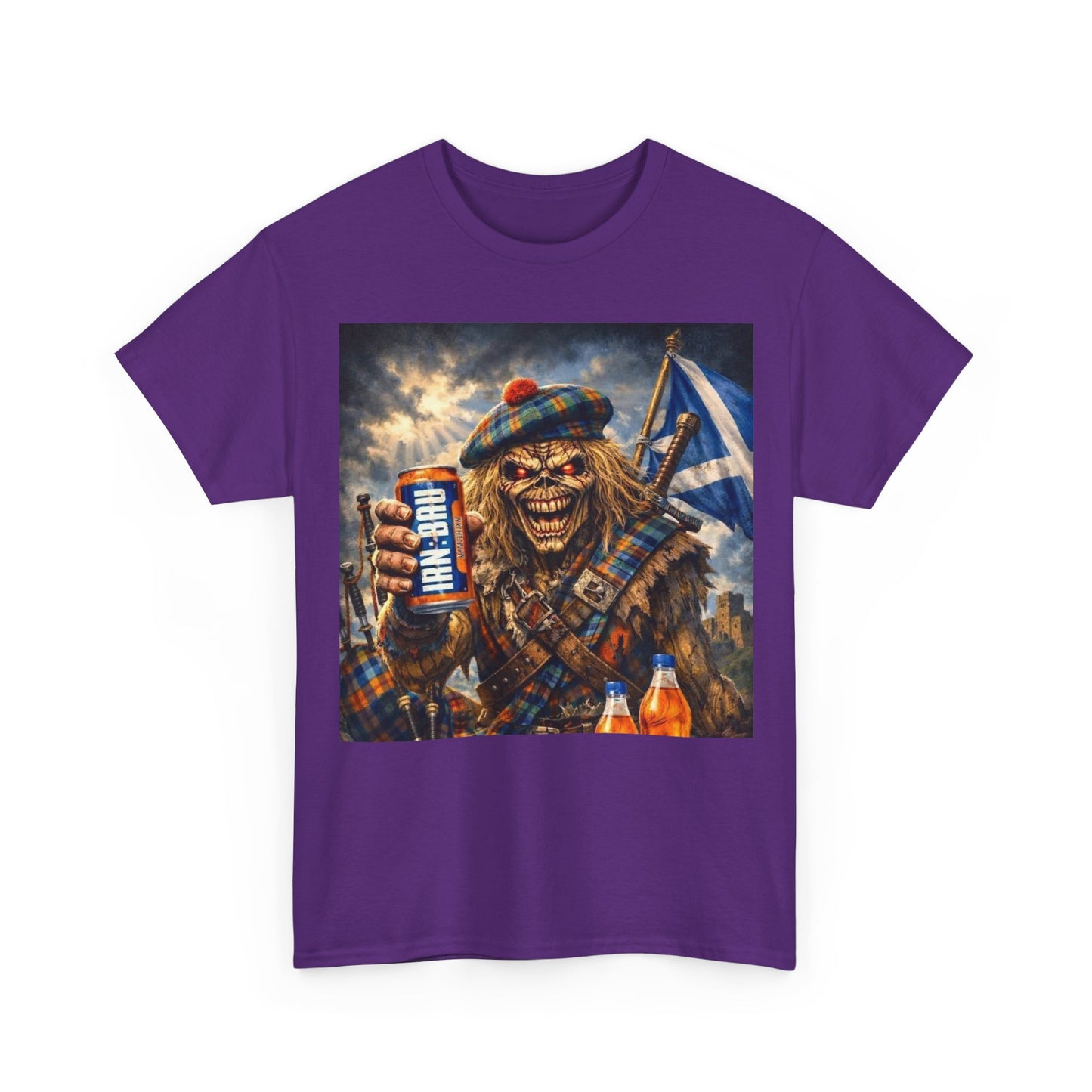 Scottish Rock Skull T‑Shirt — Eddie the Piper with Flag & Can Graphic Tee