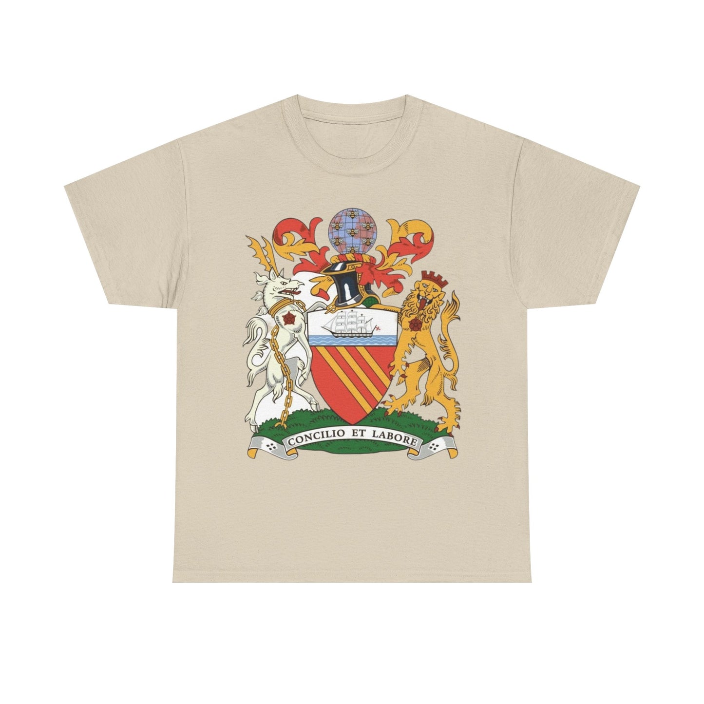 Manchester Coat of Arms Crest T‑Shirt — Heraldic Family Shield Tee with 'Concilio et Labore' Banner