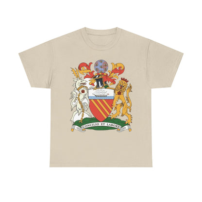 Manchester Coat of Arms Crest T‑Shirt — Heraldic Family Shield Tee with 'Concilio et Labore' Banner