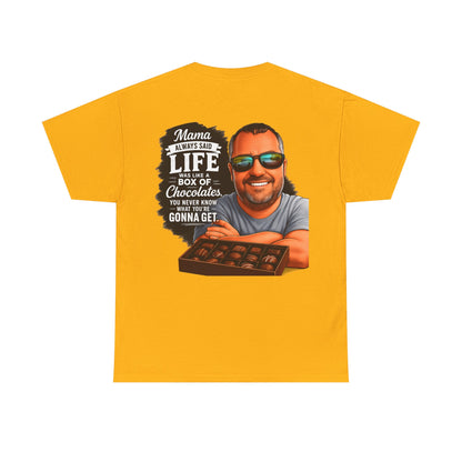 T-Shirt — "Mama Always Said Life Is Like A Box Of Chocolates" Graphic Tee (Funny Retro Portrait)